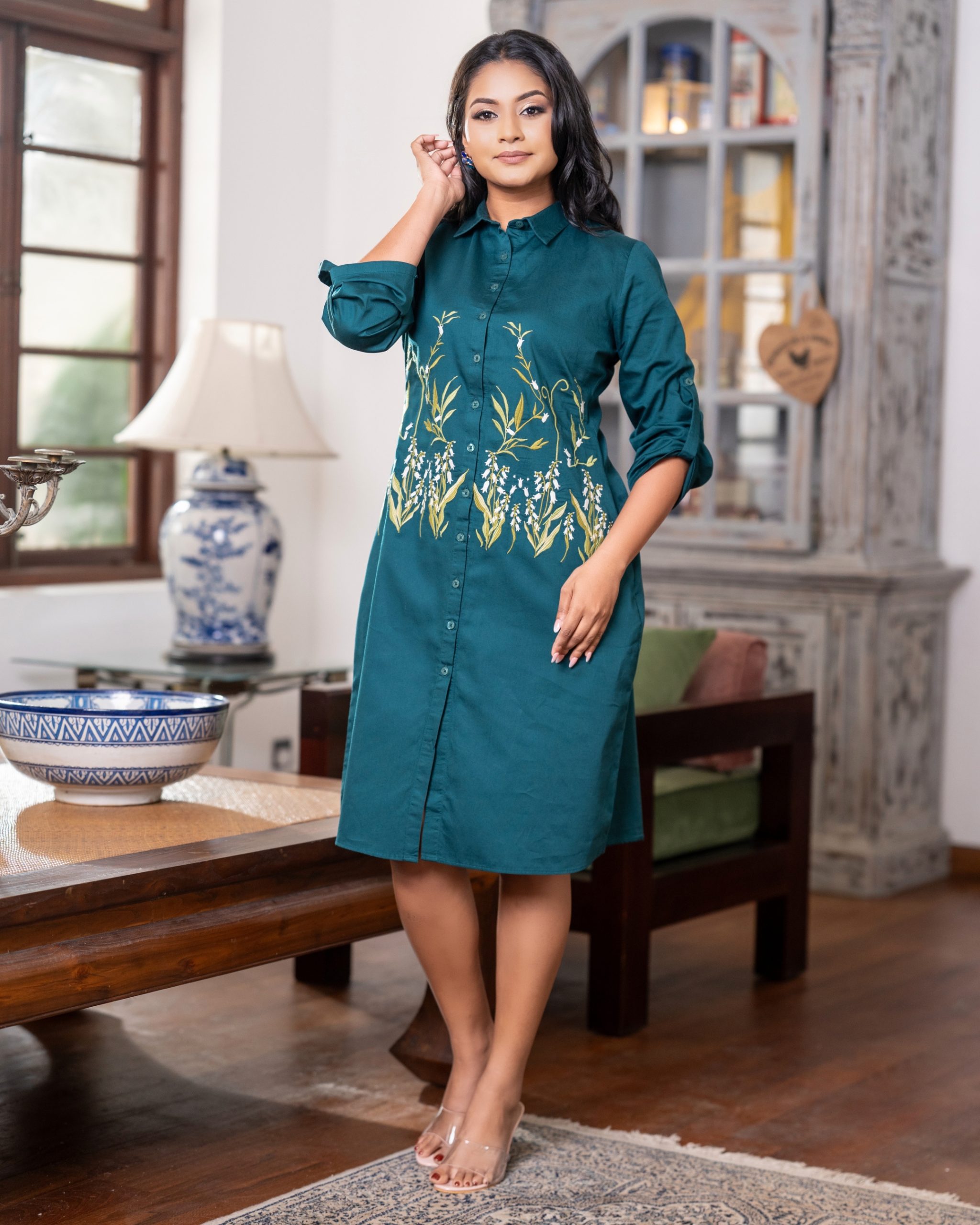 Teal Botanical Roll-Sleeve Embroidered Short Shirt Dress - Image 4