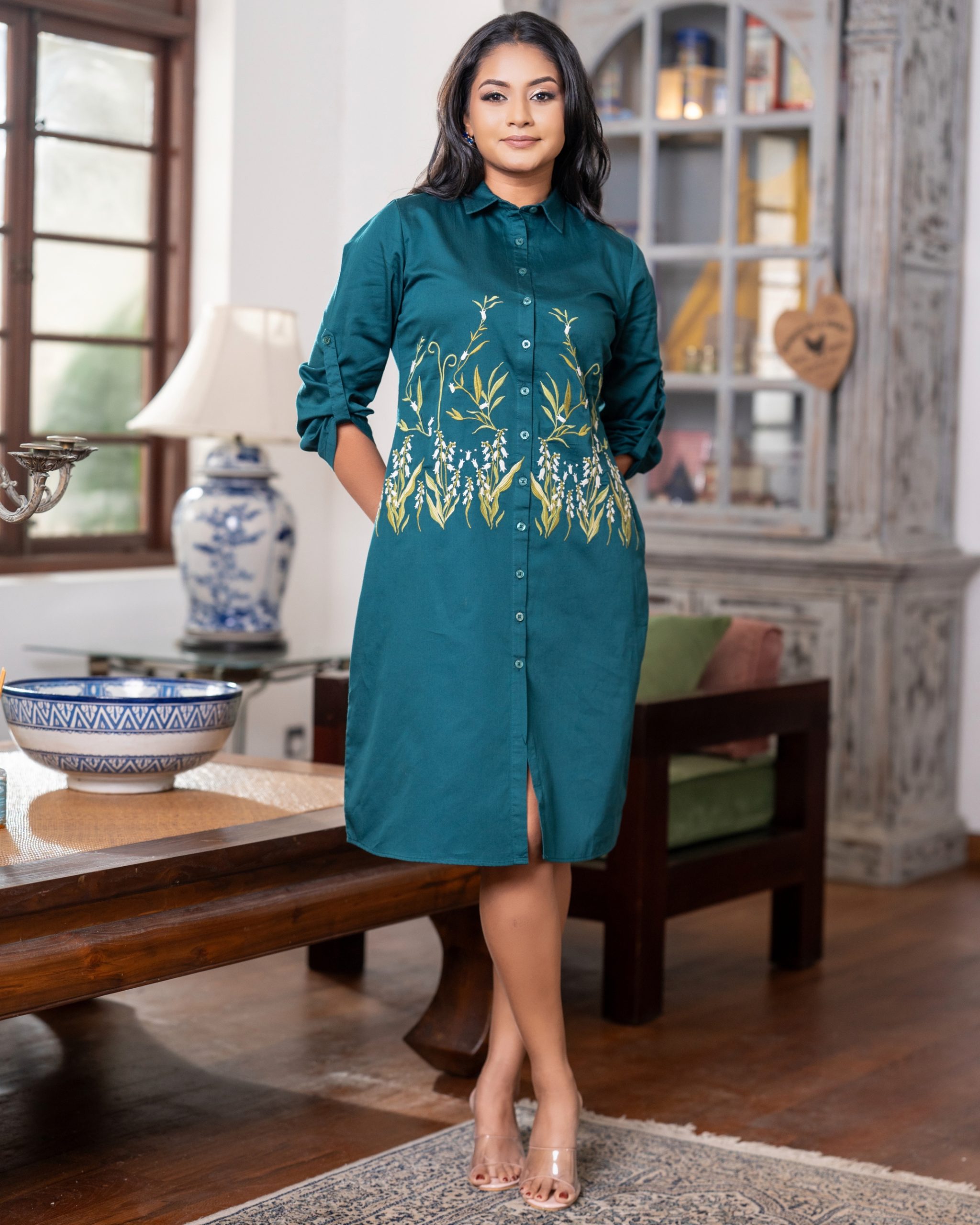 Teal Botanical Roll-Sleeve Embroidered Short Shirt Dress - Image 2