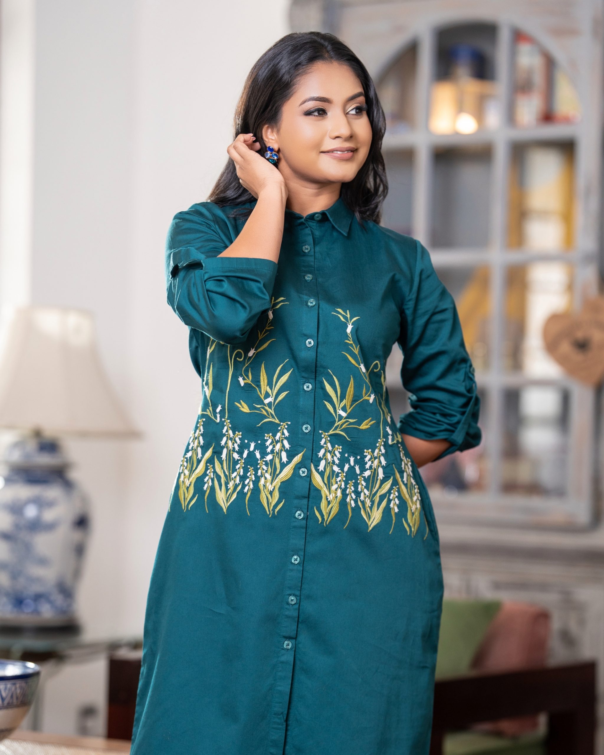 Teal Botanical Roll-Sleeve Embroidered Short Shirt Dress - Image 5