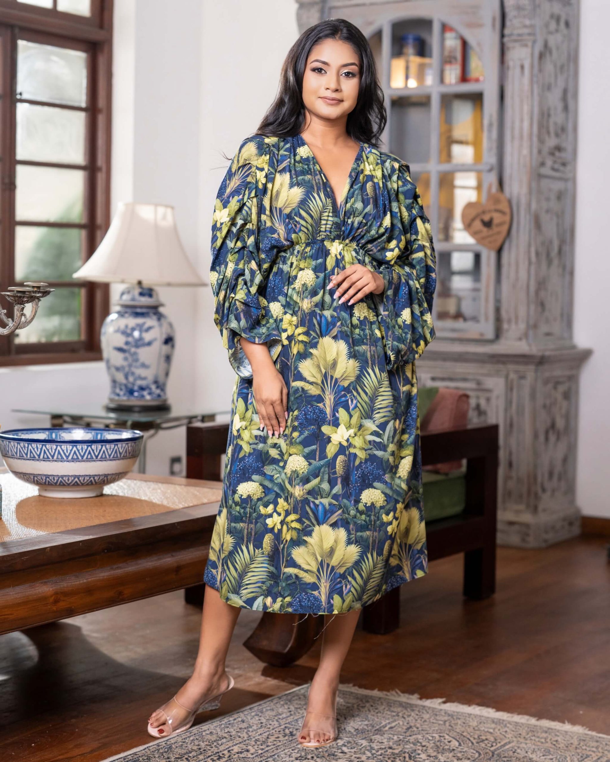 Drape Sleeve Botanical Patterned Midi Dress - Image 2