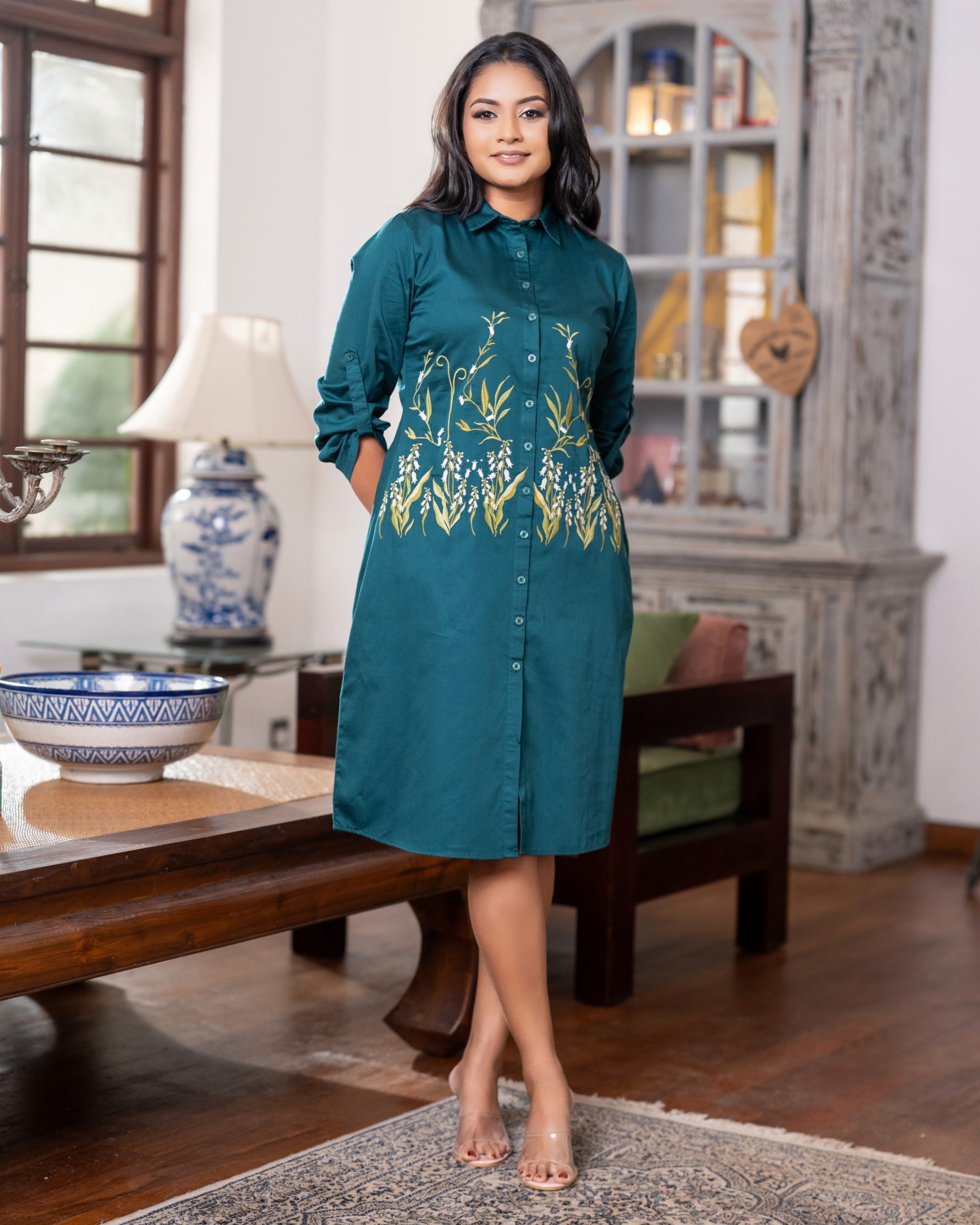 Teal Botanical Roll-Sleeve Embroidered Short Shirt Dress - Image 3