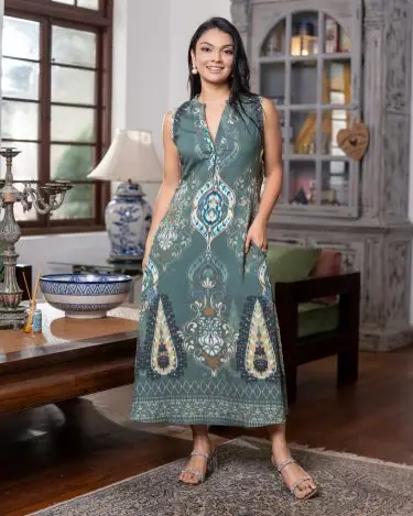 Sleeveless Mandarin-Collar V-Neck Maxi Dress