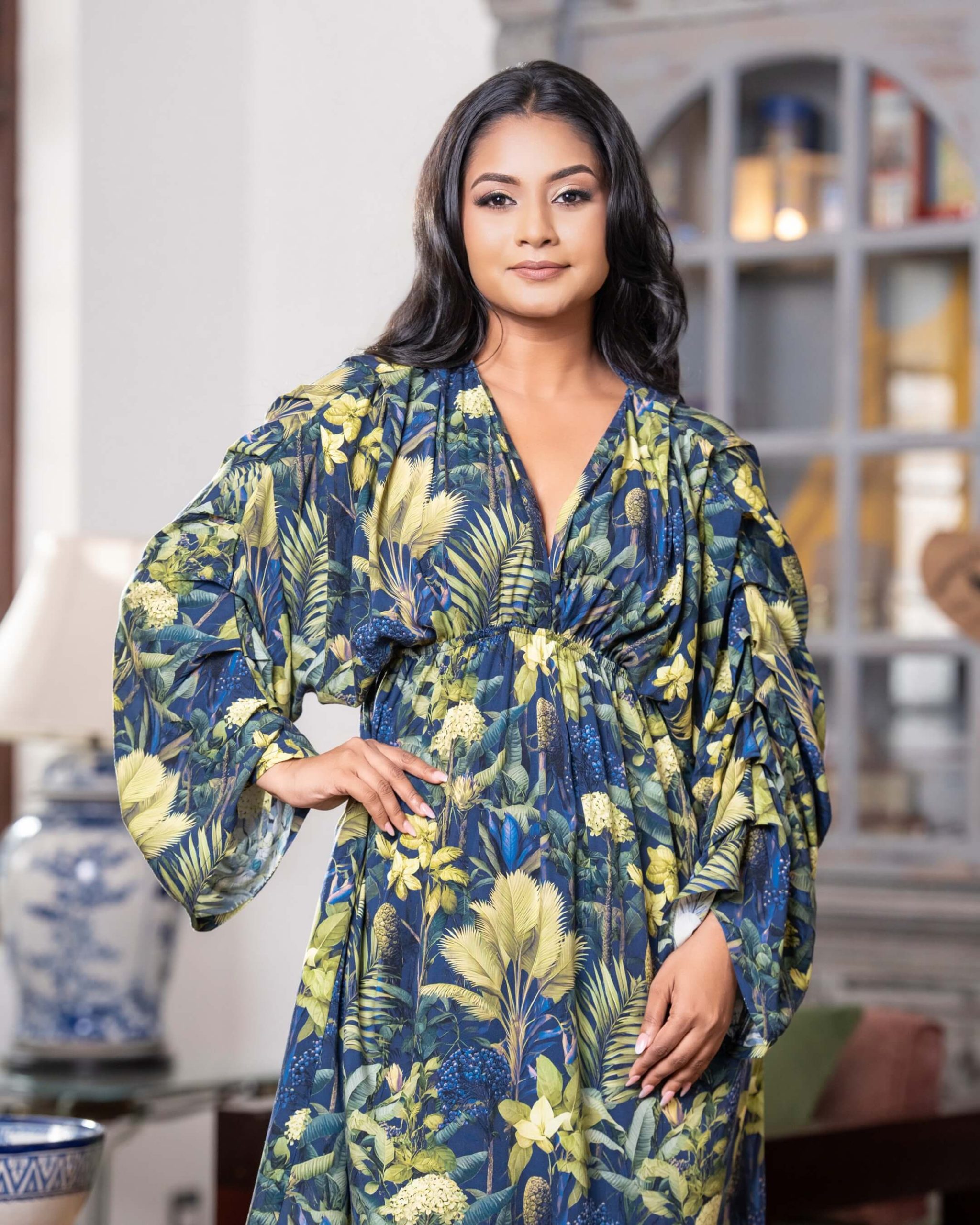Drape Sleeve Botanical Patterned Midi Dress - Image 5