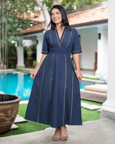 Piping Detailed V-Neck Shirred Waist Midi Dress