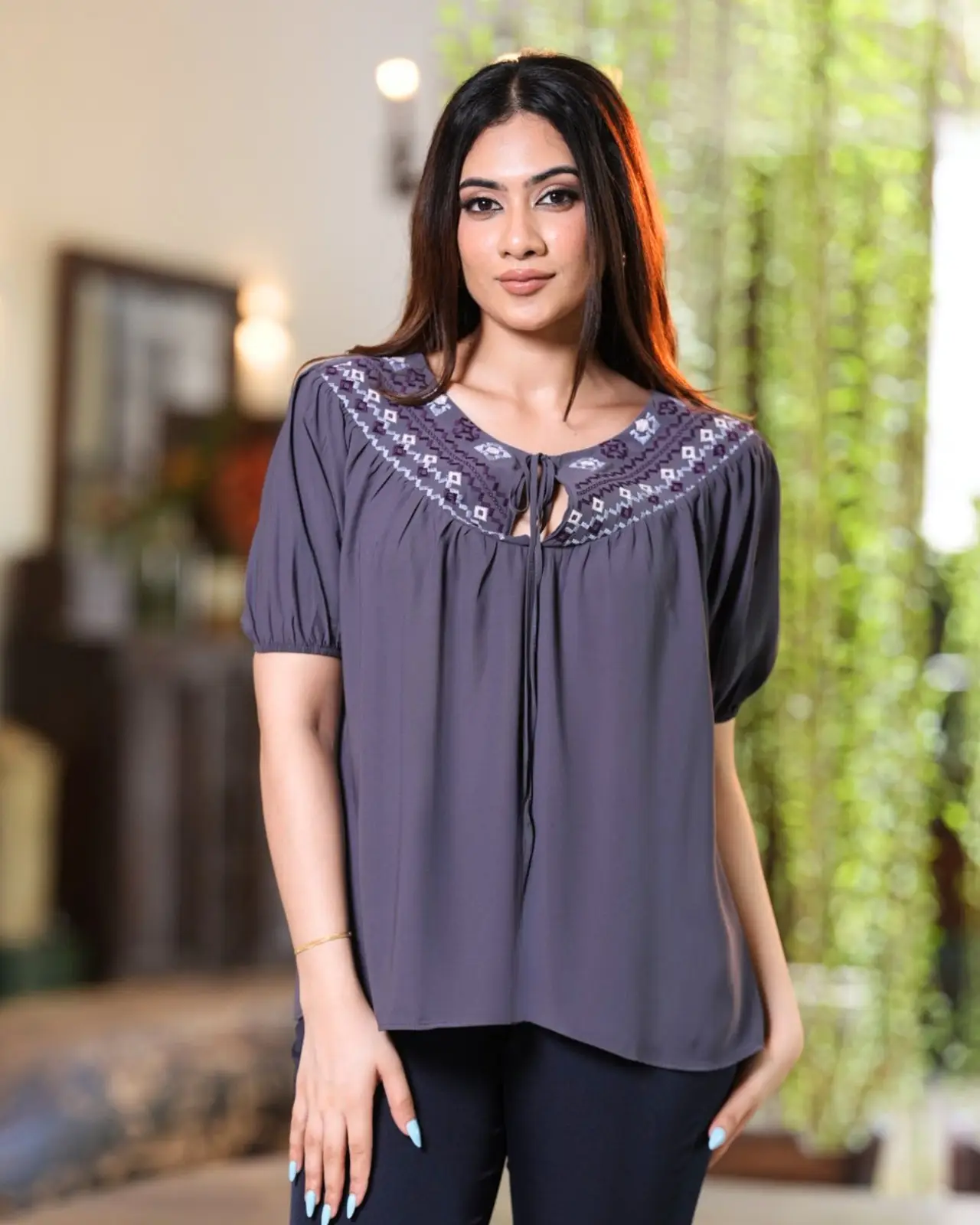 Embroidered Short Puffed Sleeve Blouse
