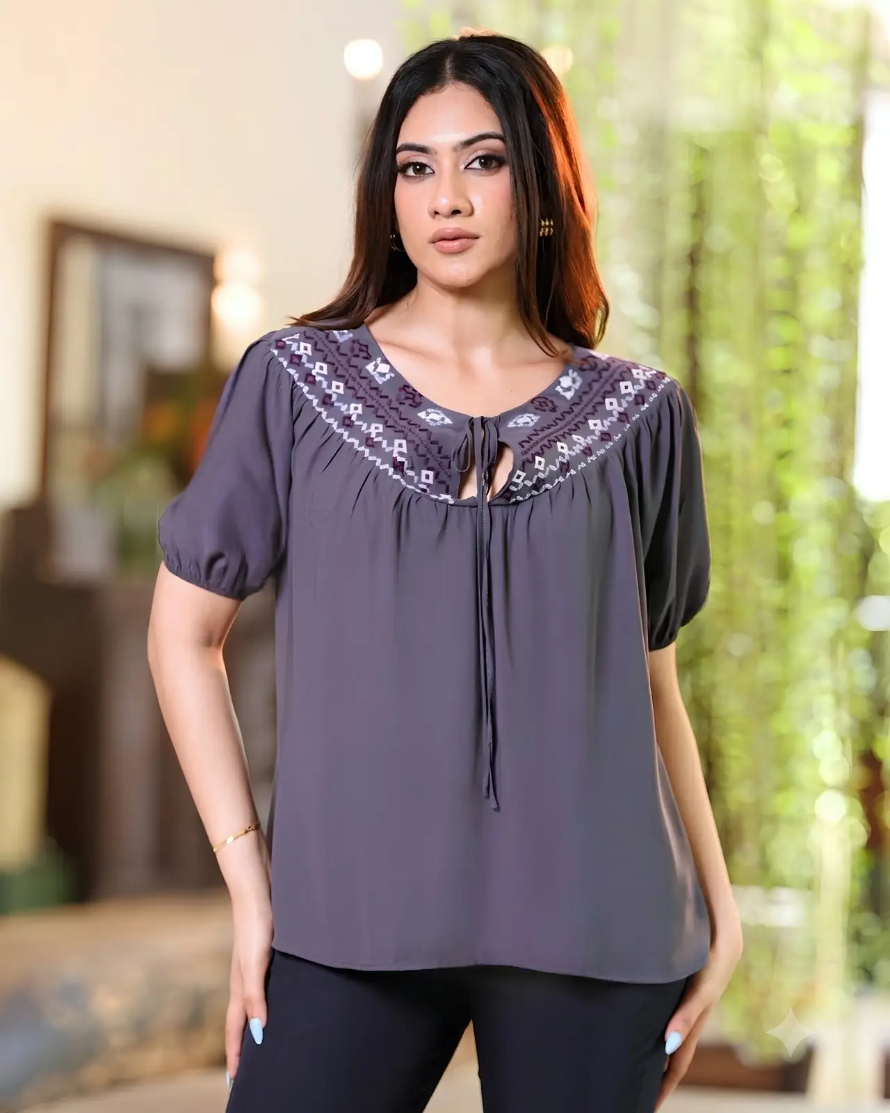 Embroidered Short Puffed Sleeve Blouse - Image 2