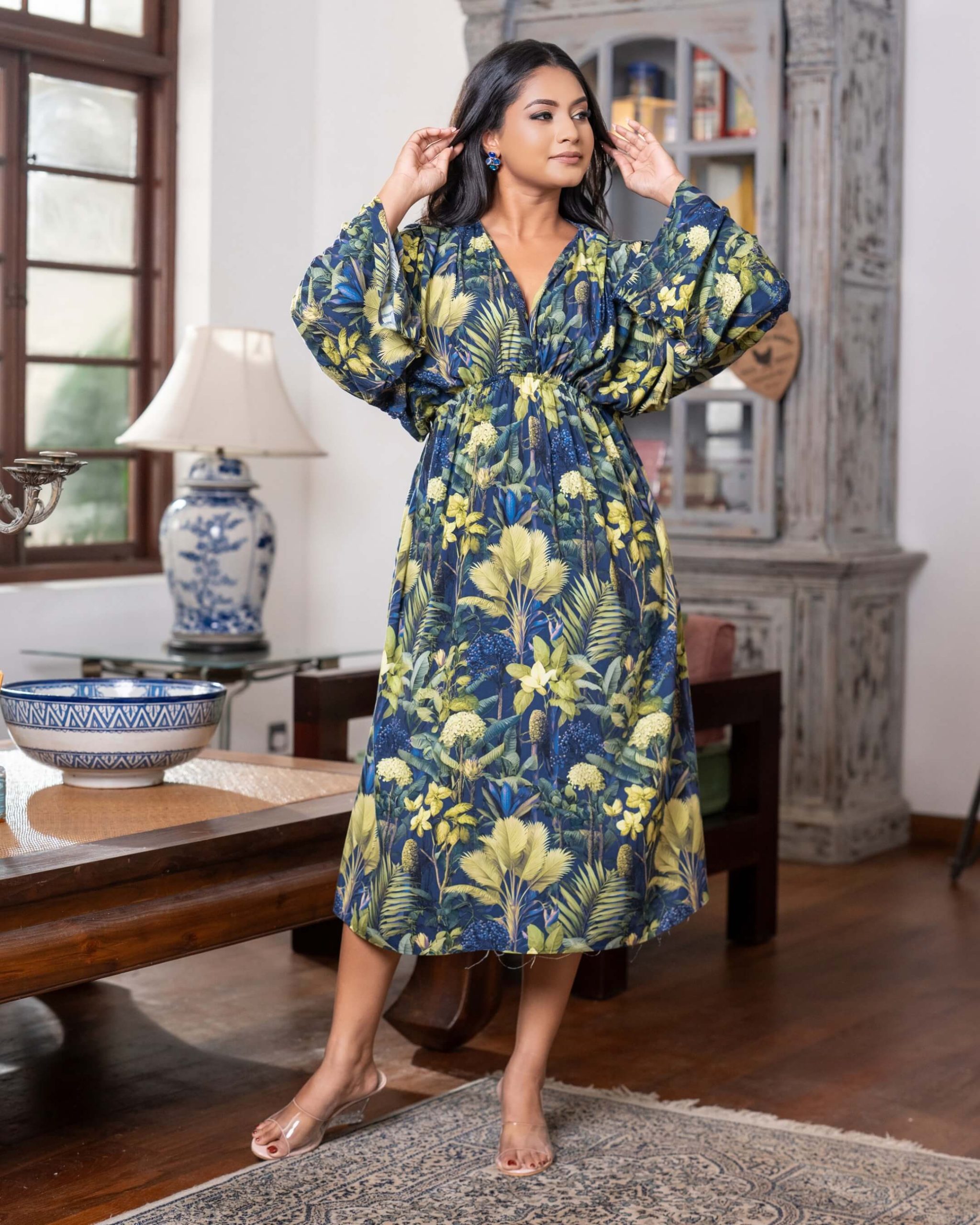 Drape Sleeve Botanical Patterned Midi Dress - Image 3