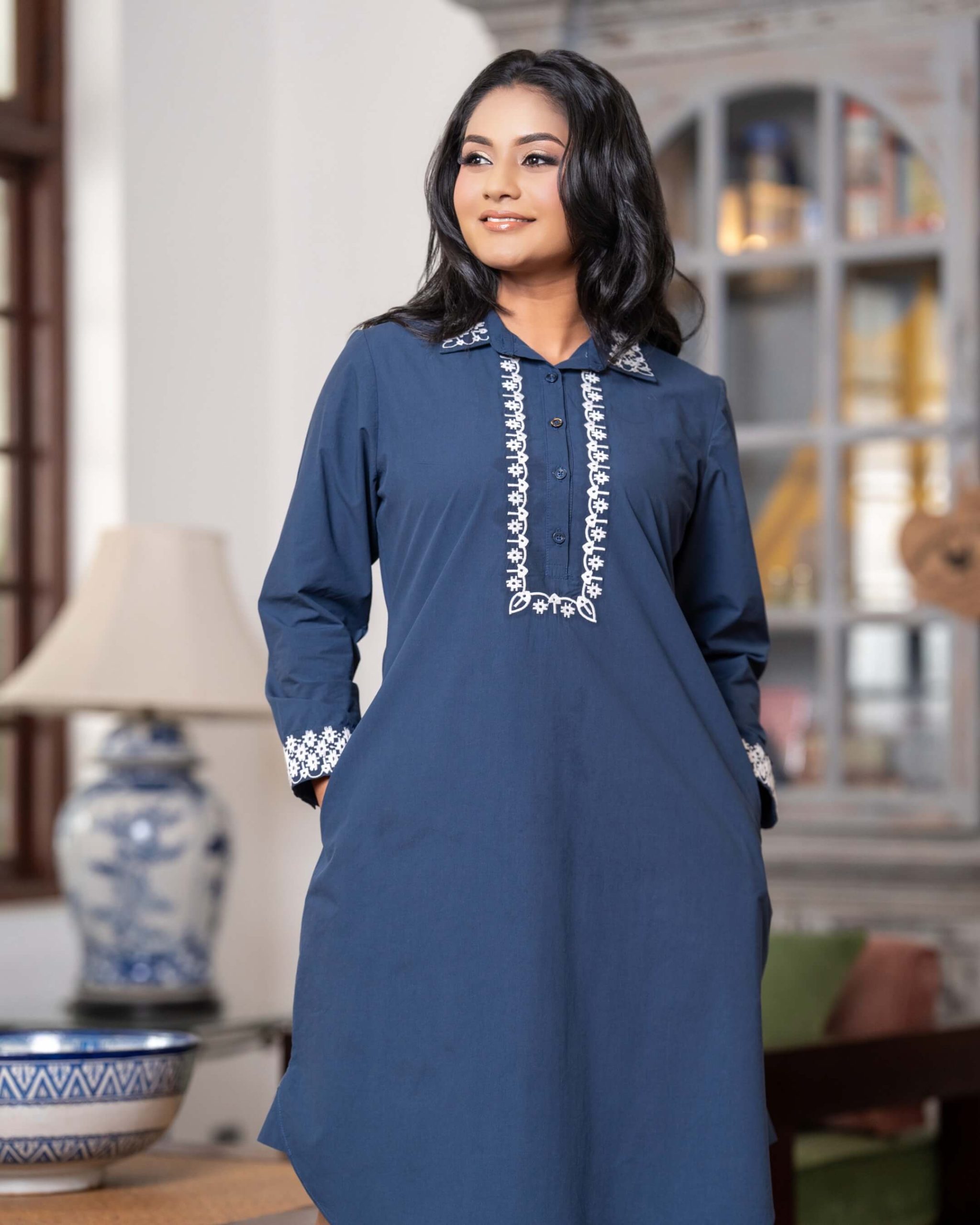 Geometric Floral Embroidery Short Shirt Dress - Image 4