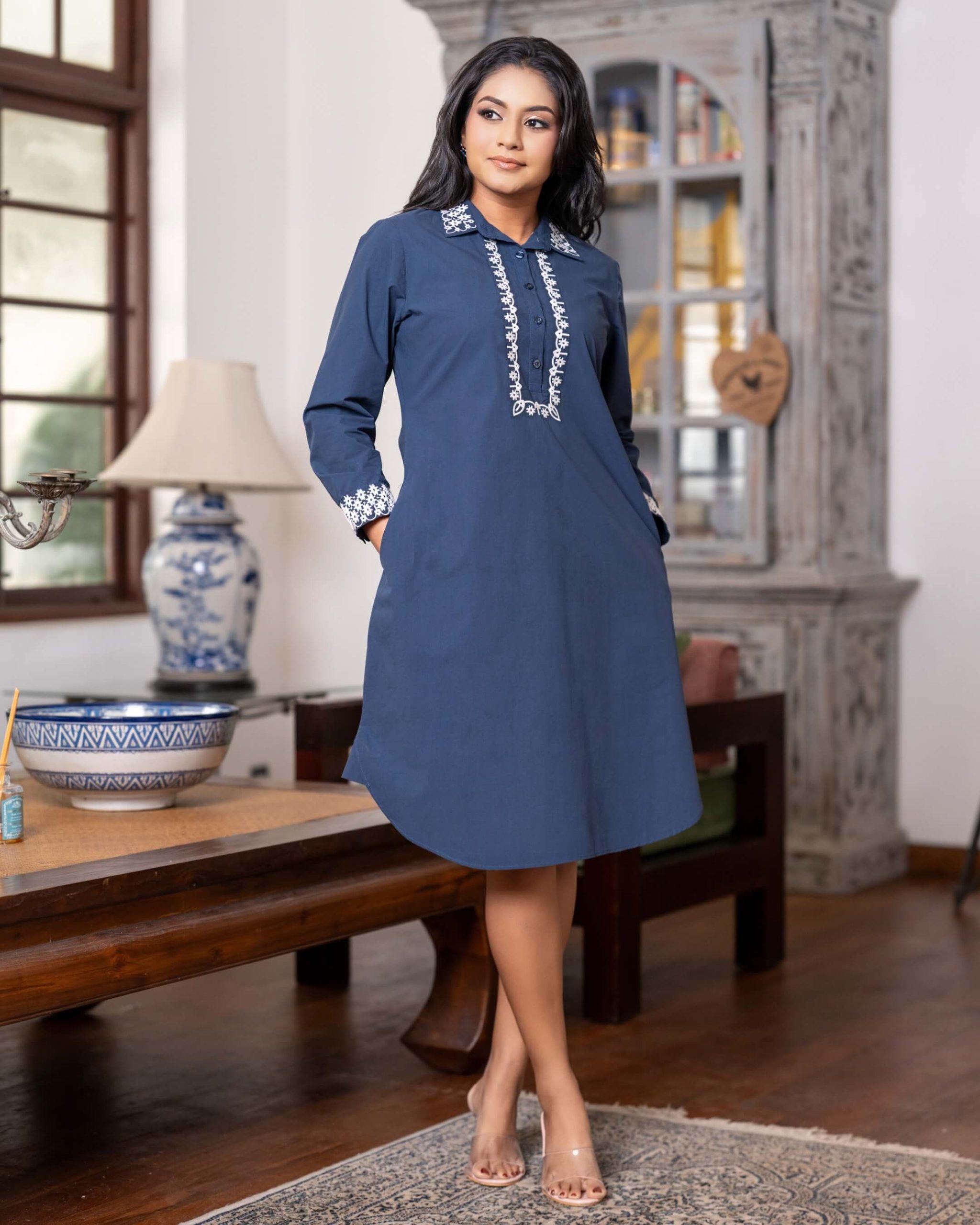 Geometric Floral Embroidery Short Shirt Dress - Image 2