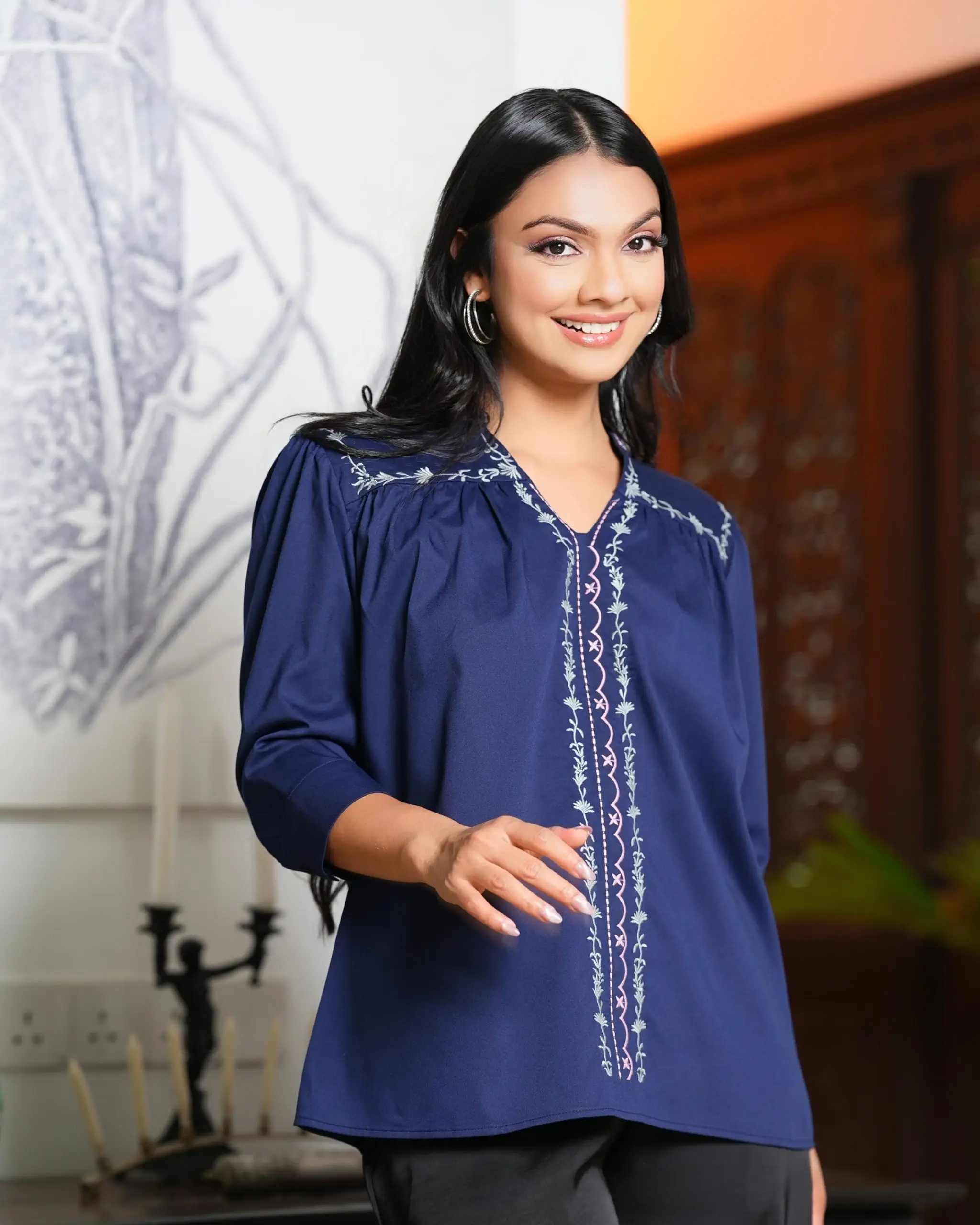 Embroidered Mandarine Collored Tunic Blouse - Image 5