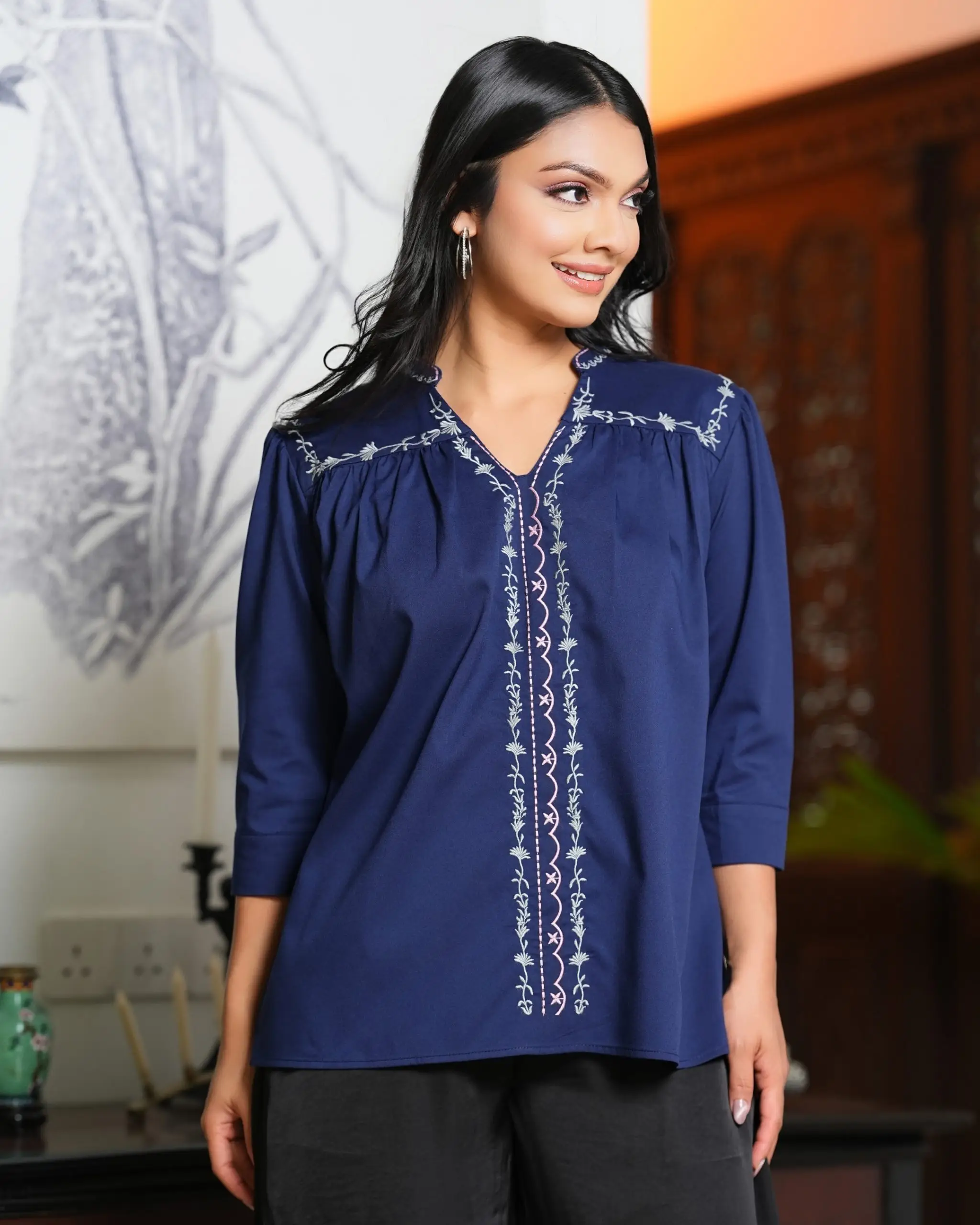Embroidered Mandarine Collored Tunic Blouse - Image 4