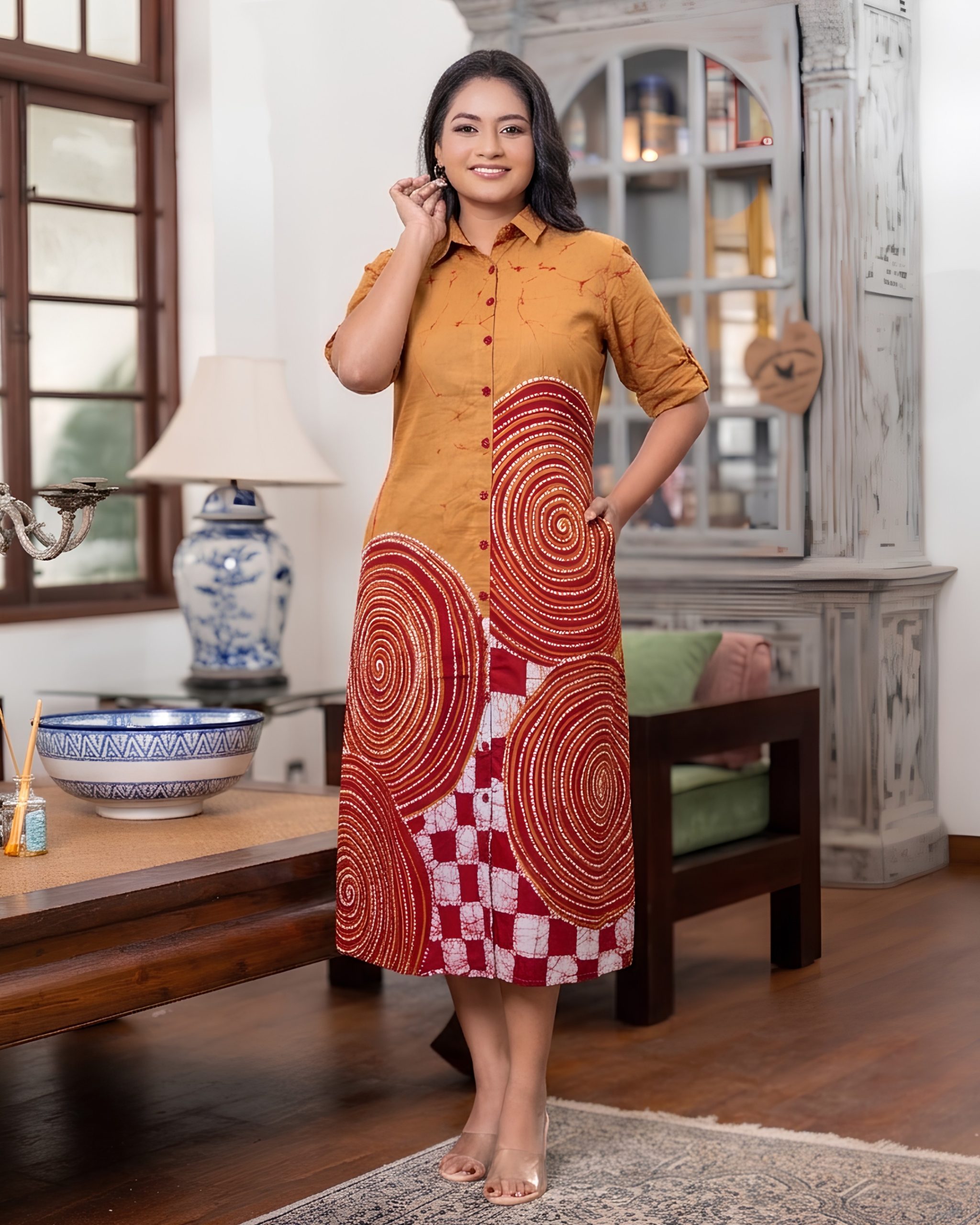 Abstract Batik Detailed Midi Shirt Dress