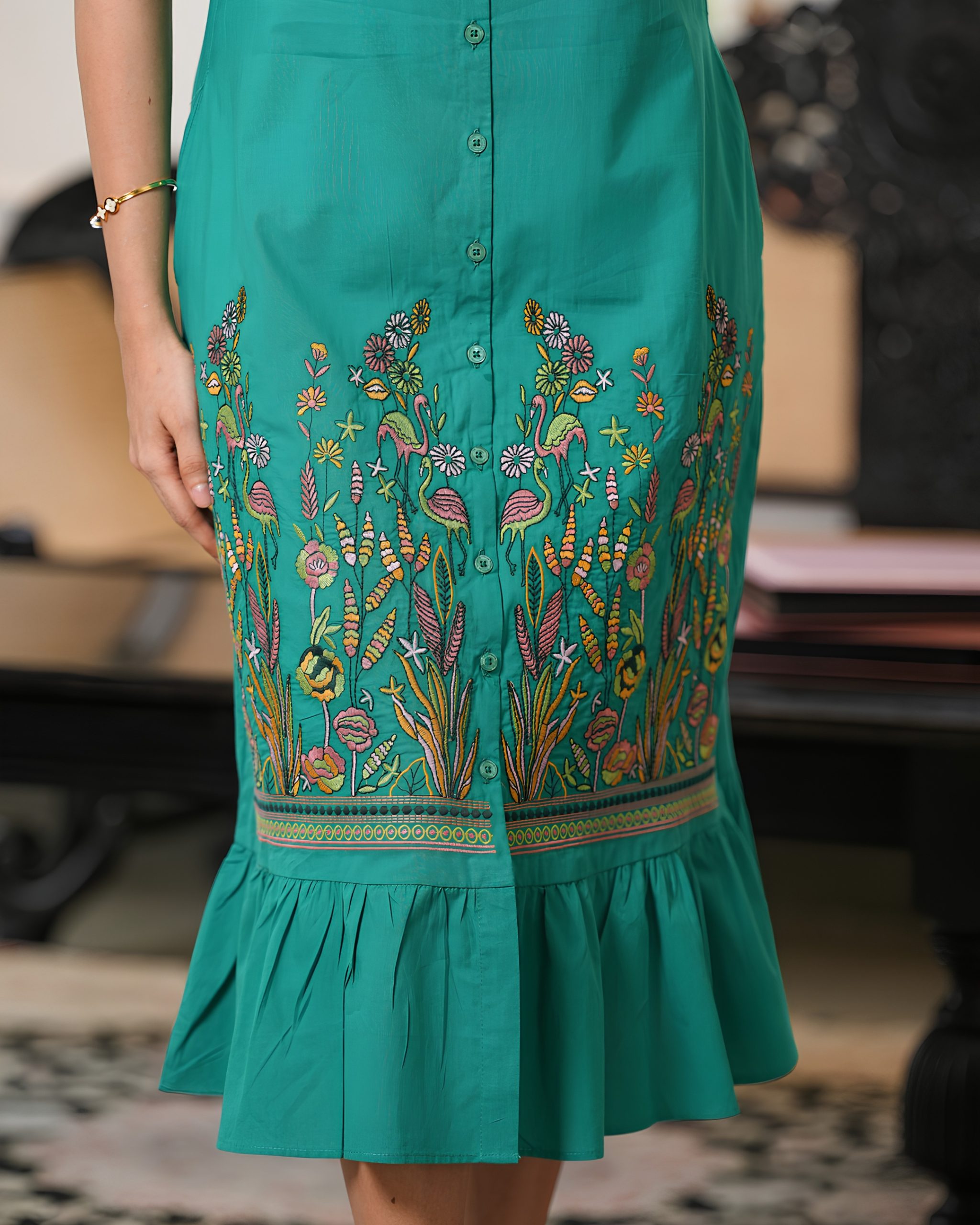 Buttton Down Midi Dress with Botanical Embroidered Flounce Hem - Image 5