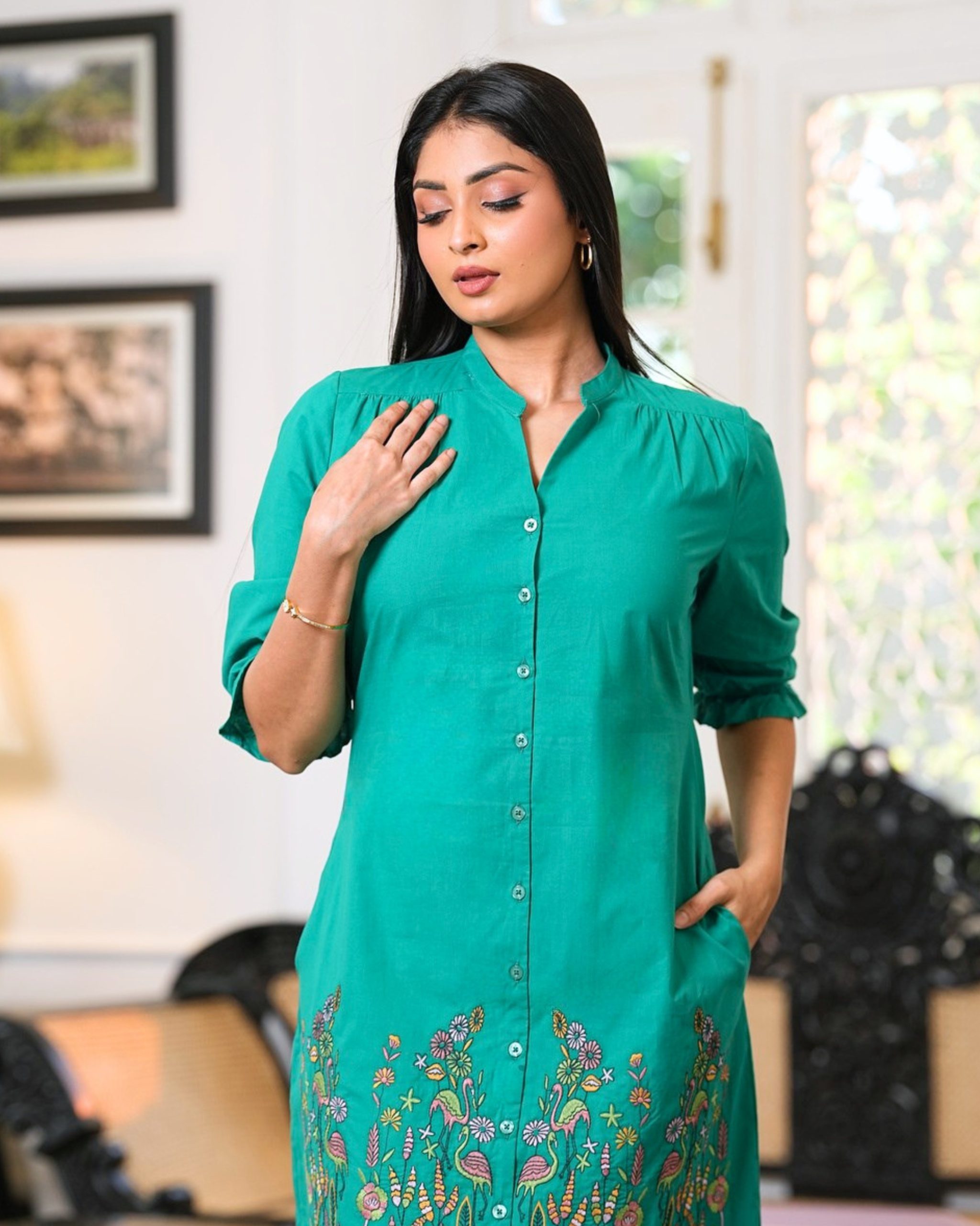Buttton Down Midi Dress with Botanical Embroidered Flounce Hem - Image 4