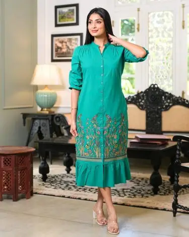 Buttton Down Midi Dress with Botanical Embroidered Flounce Hem