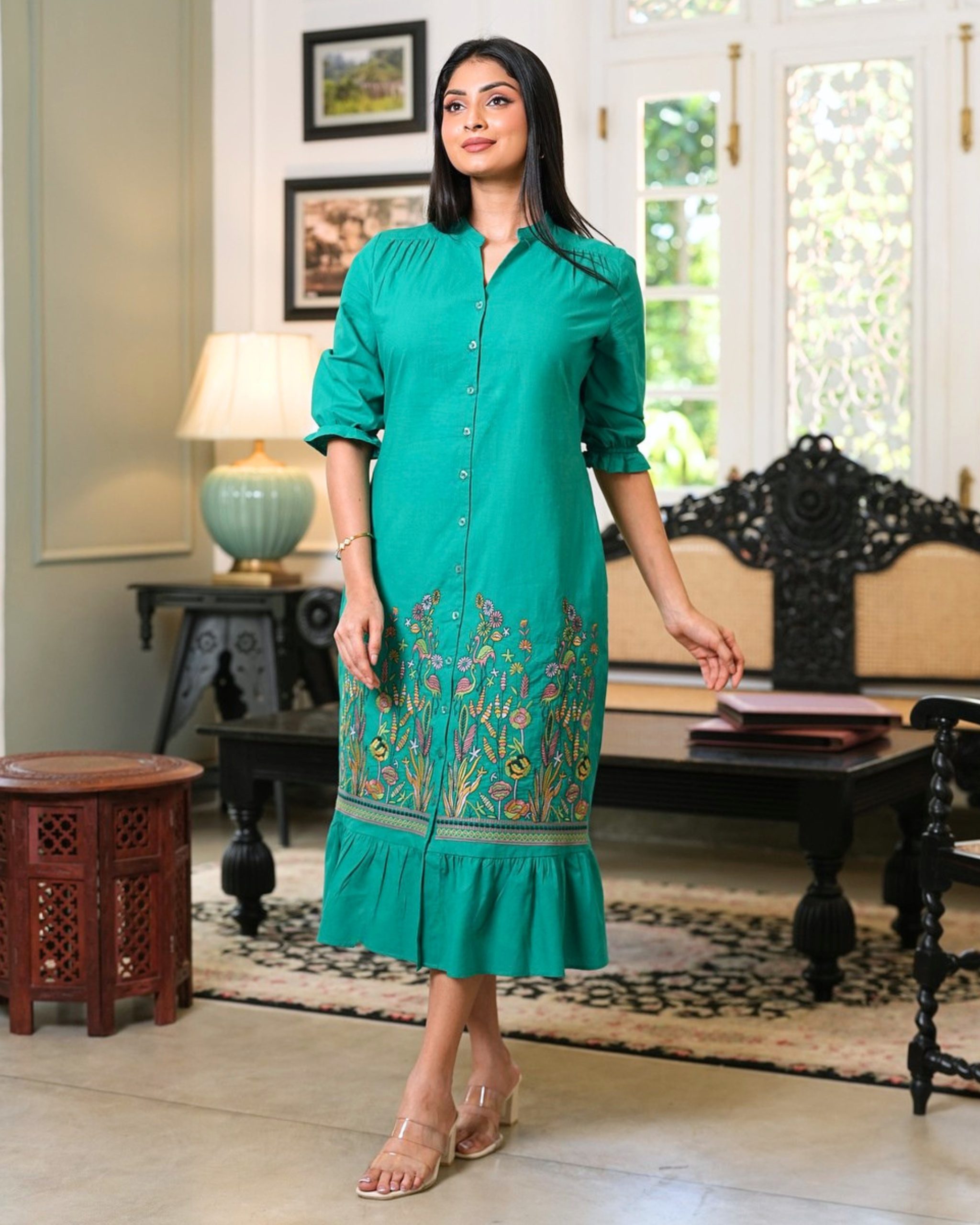 Buttton Down Midi Dress with Botanical Embroidered Flounce Hem - Image 2