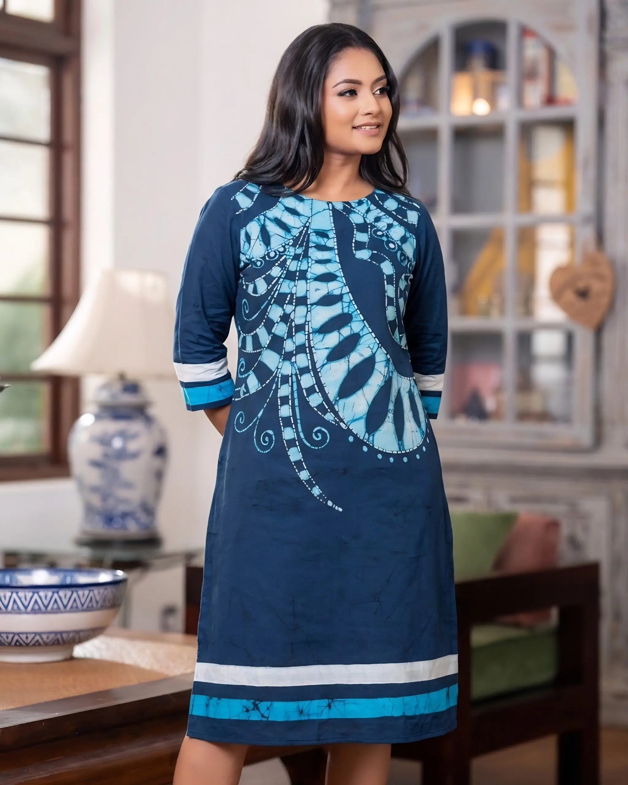 Indigo Sea-Fan Batik Short Dress - Image 5