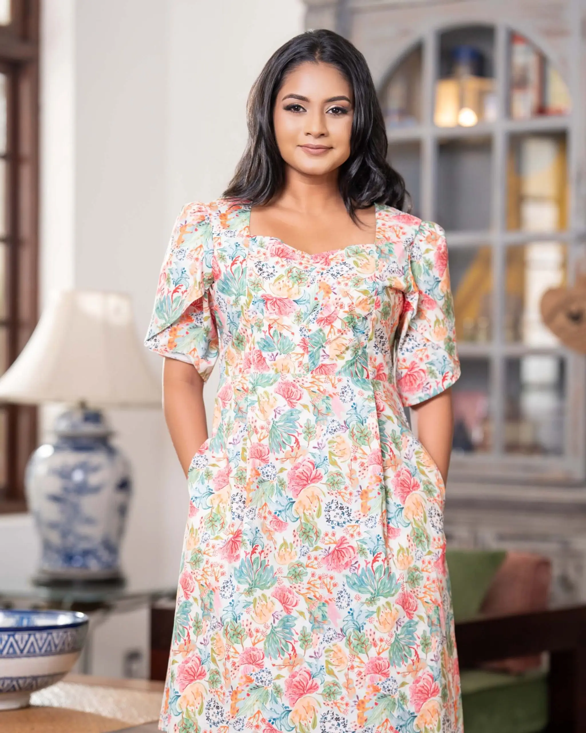 Petal Sleeve Pintuck Detail Short Floral Dress