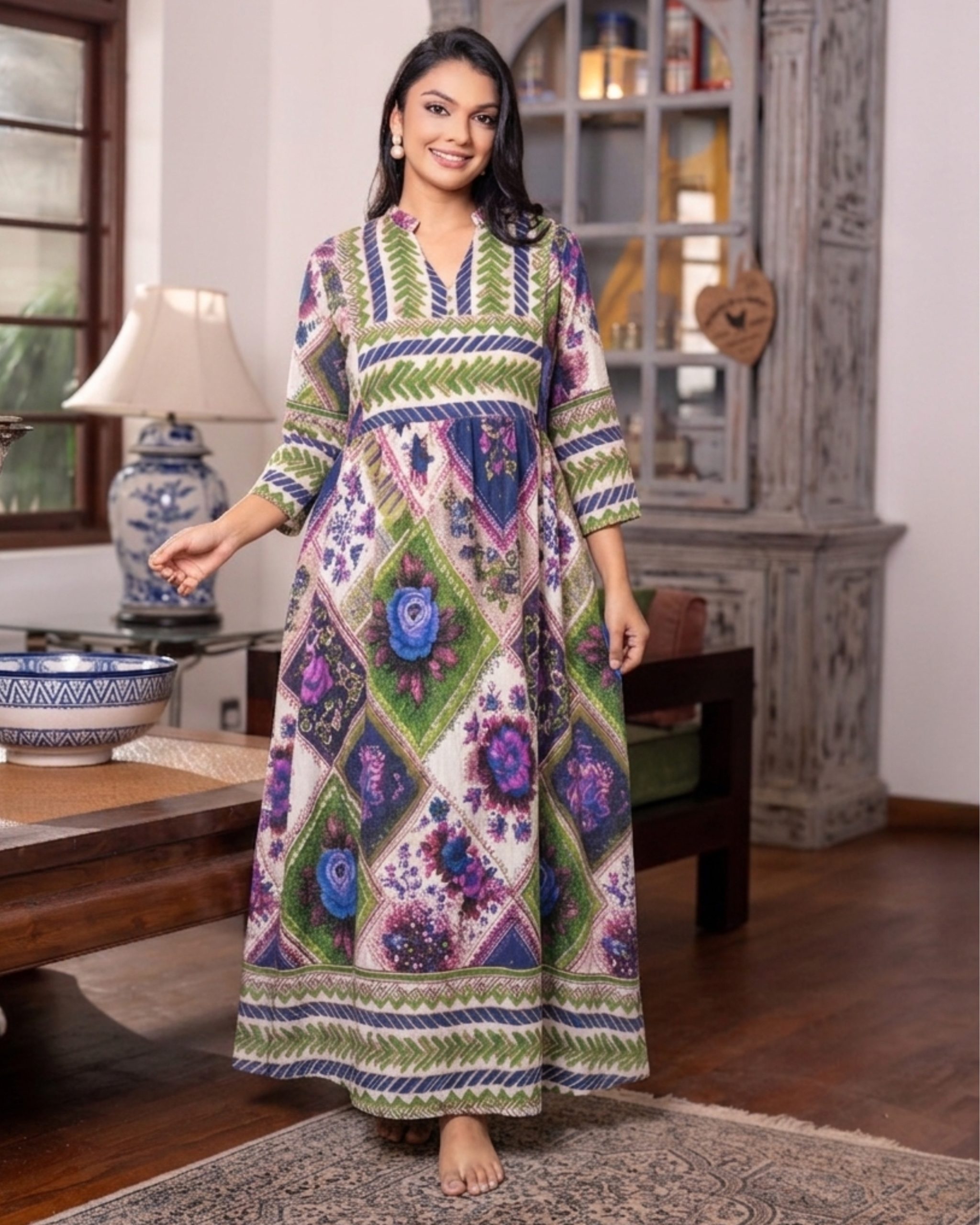 Empire waist Boho Harlequin Floral Maxi Dress