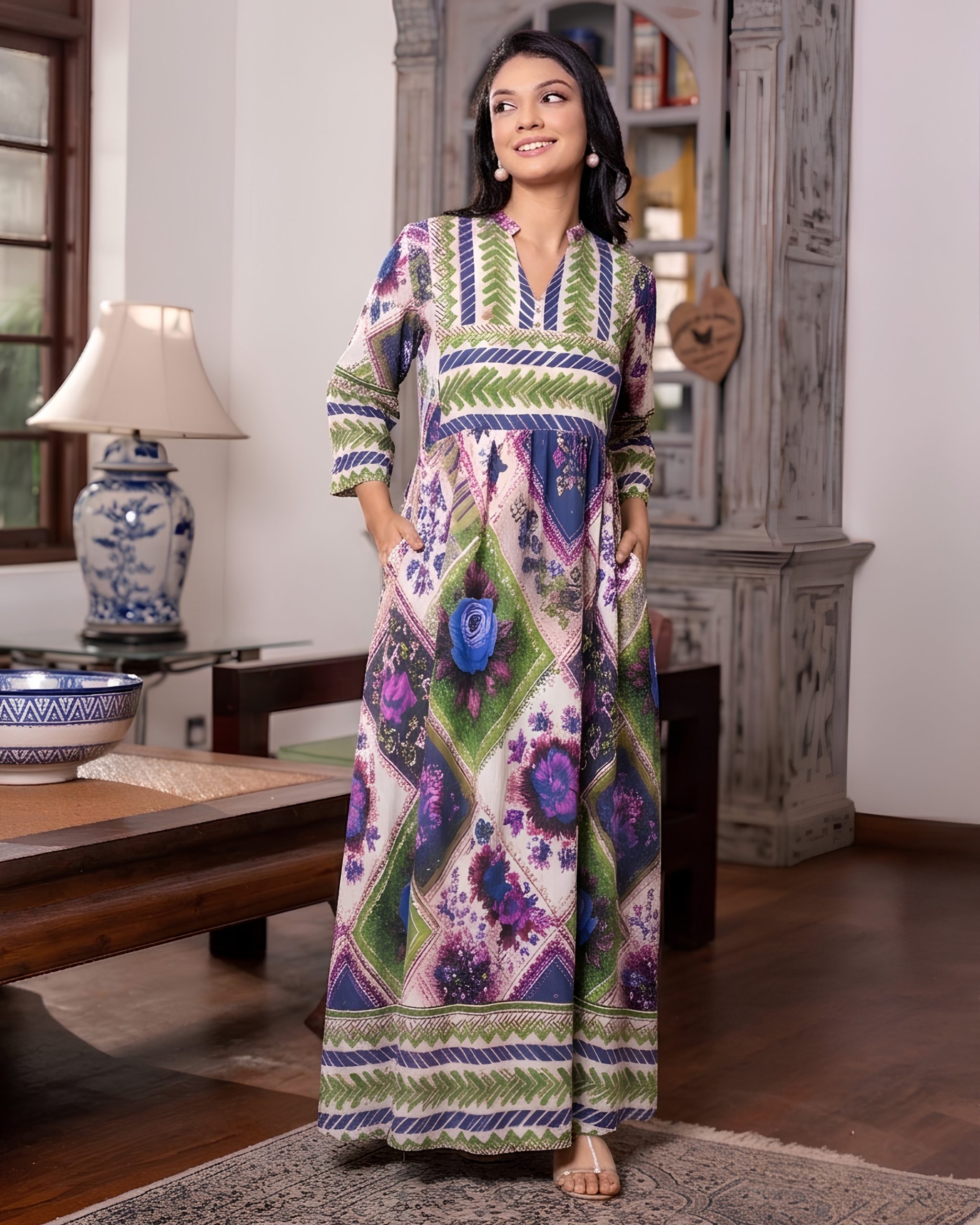 Empire waist Boho Harlequin Floral Maxi Dress - Image 3