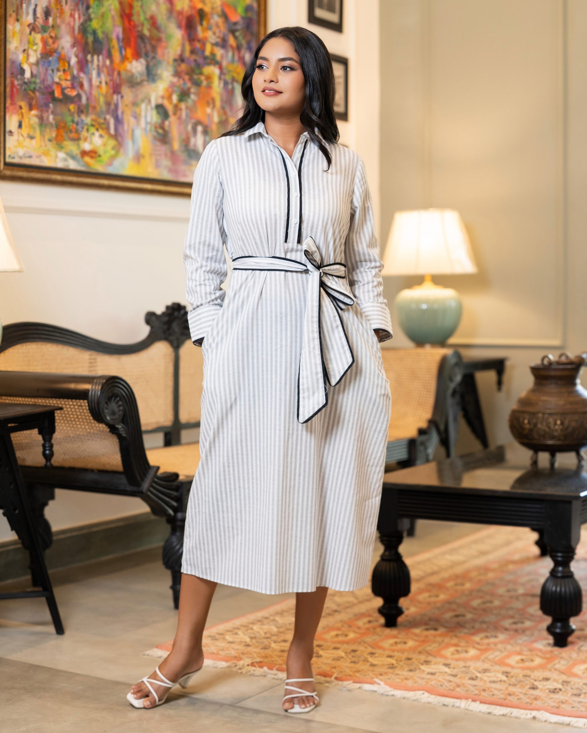 Piping Detailed Stripe Midi Shirt dress - Image 2