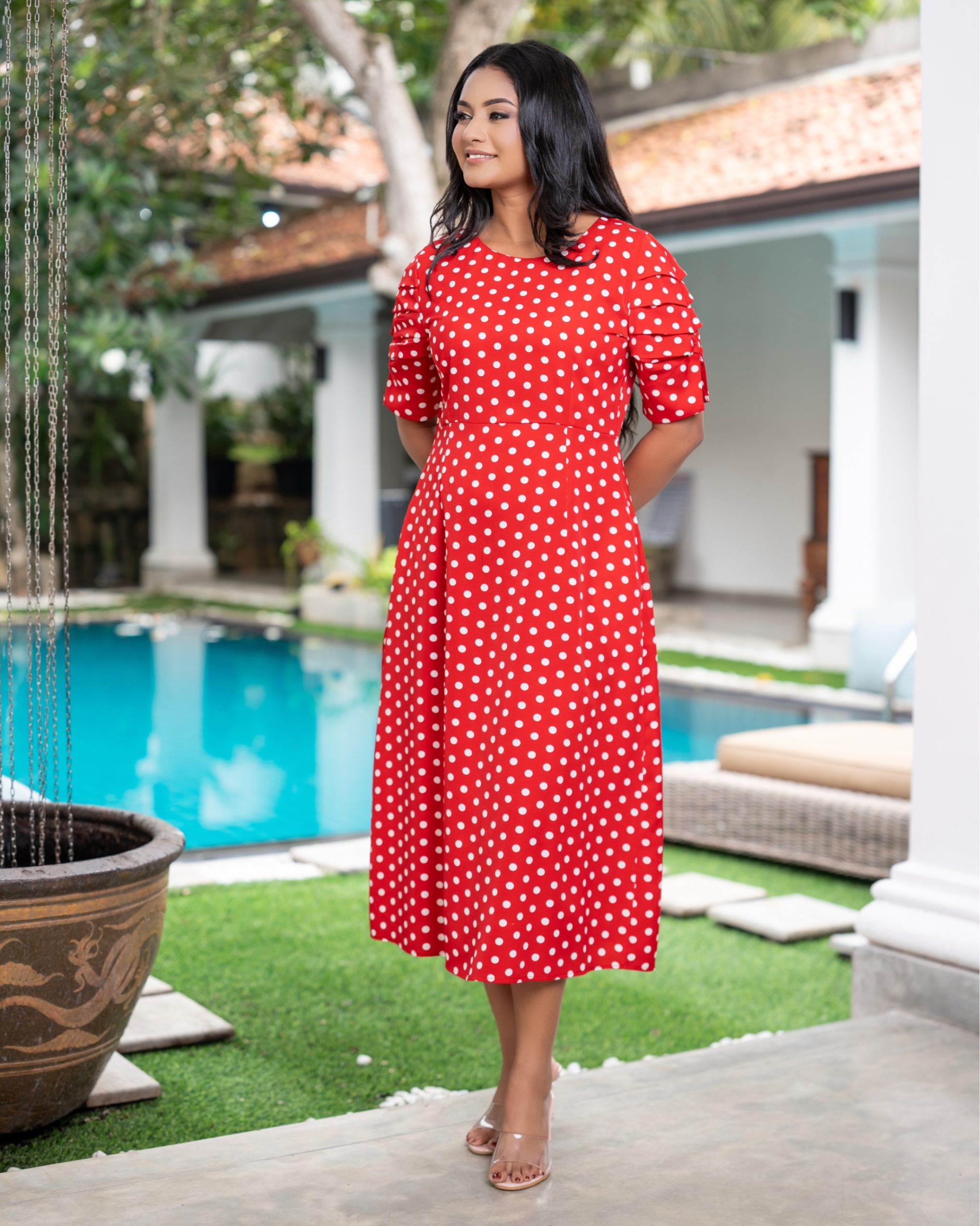 Pleated Sleeve Detailed Polka Dot Midi Dress - Image 3