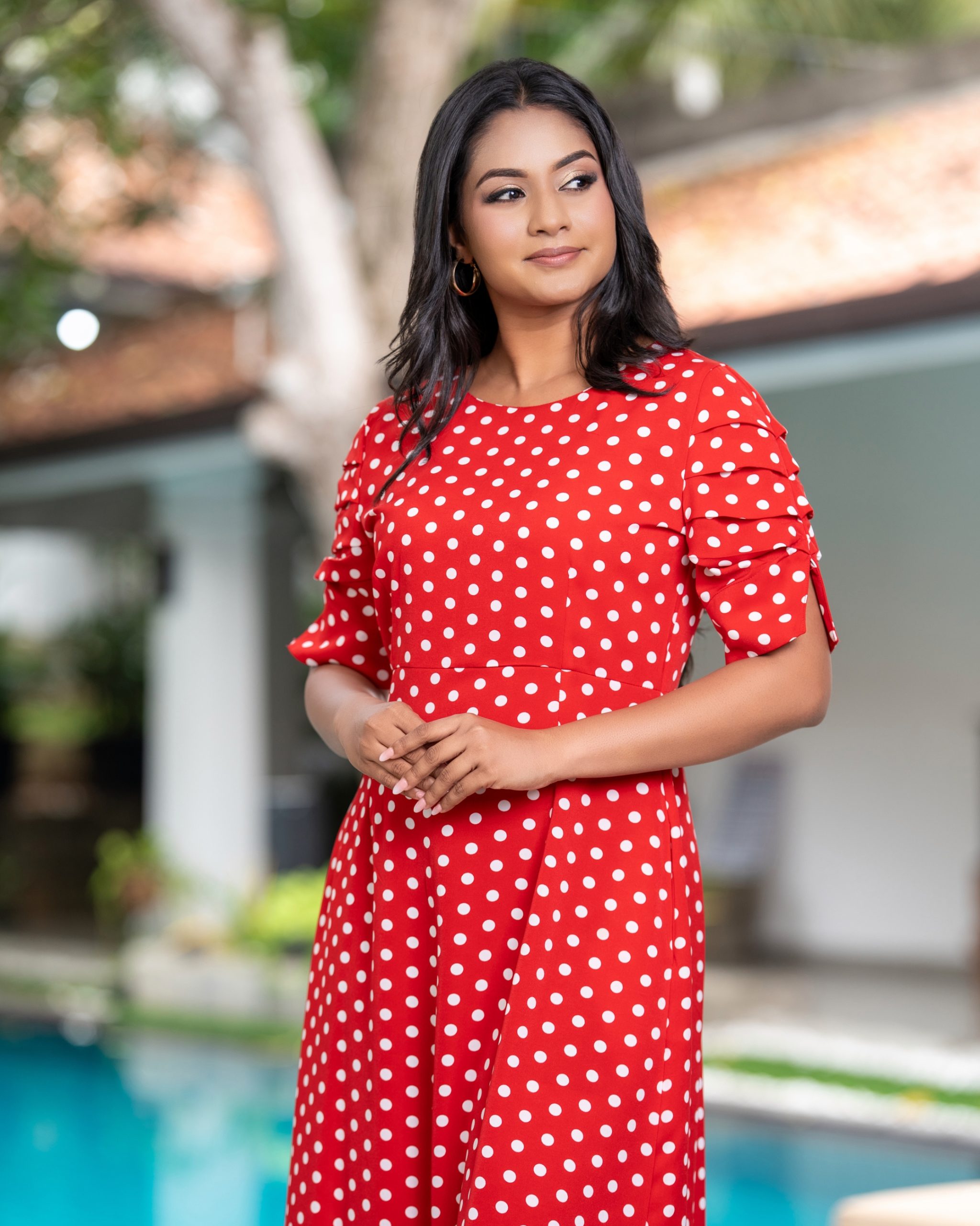 Pleated Sleeve Detailed Polka Dot Midi Dress - Image 4