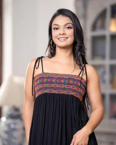 Tie-Strap Maxi Dress with Geometric Embroidered Smocking