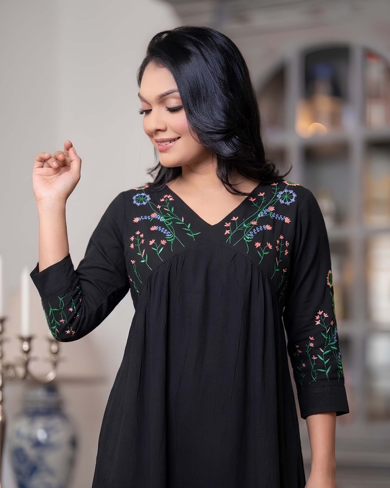 Midnight Botanical Embroidered Empire Waist Short Dress - Image 5