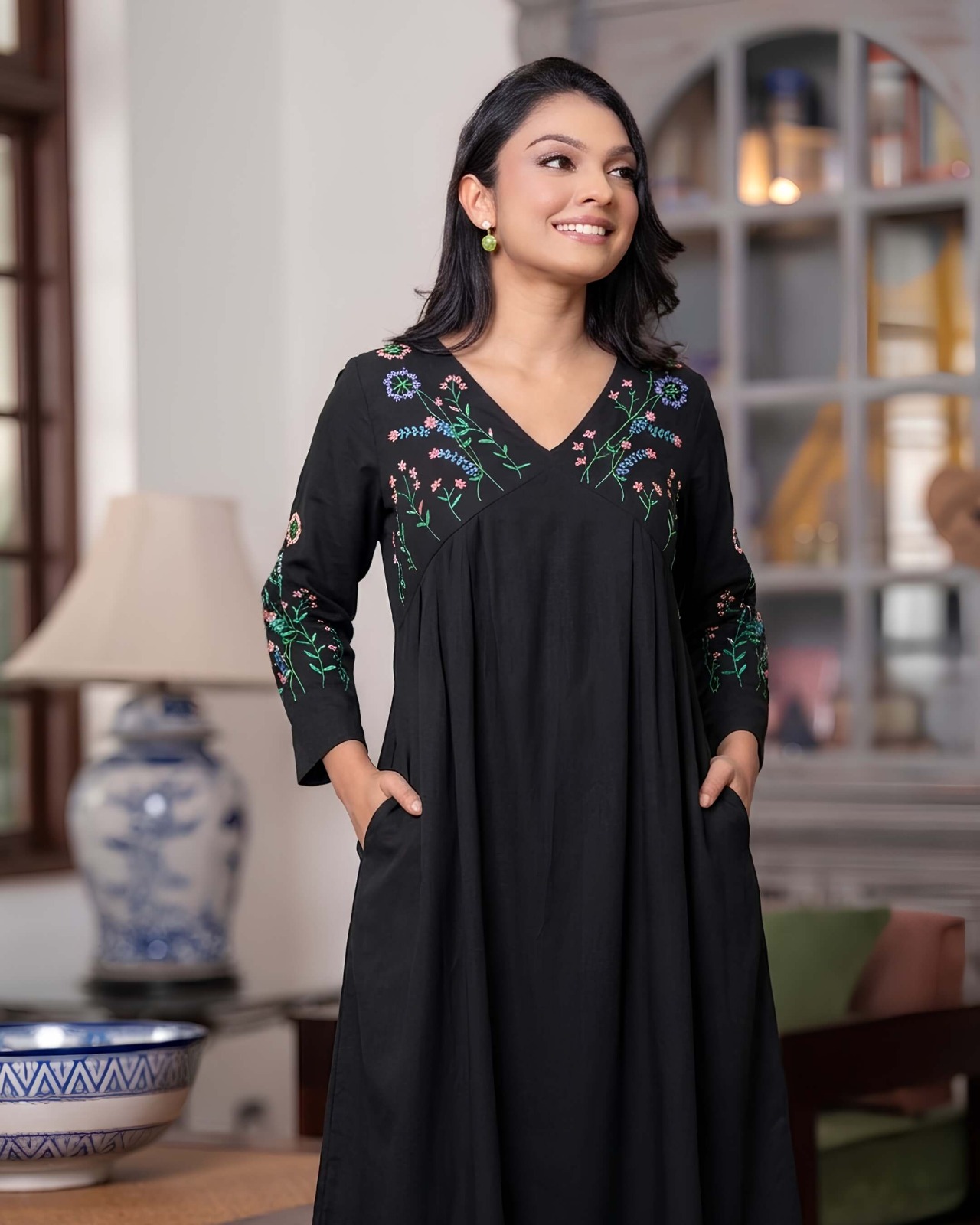 Midnight Botanical Embroidered Empire Waist Short Dress - Image 4