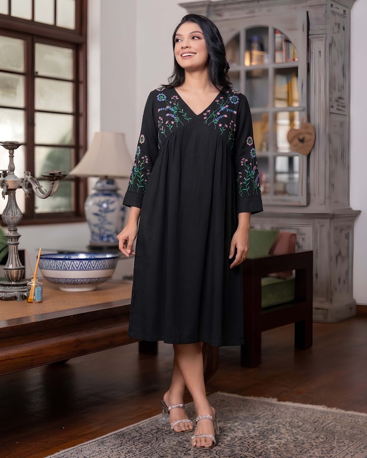 Midnight Botanical Embroidered Empire Waist Short Dress - Image 3