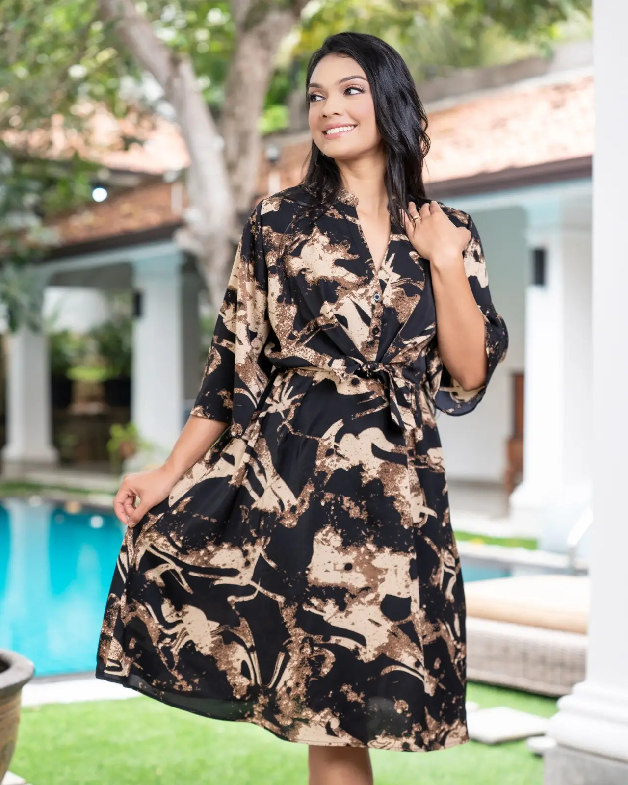 All Over Printed V-Neck Kimono-Sleeve Short Shirt Dress - Image 4