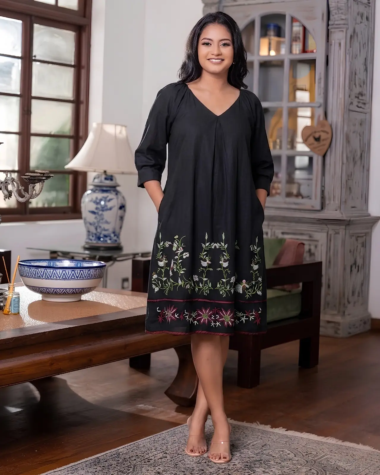 Embroidered Short Shift Dress with Raglan Puff Sleeves - Image 4