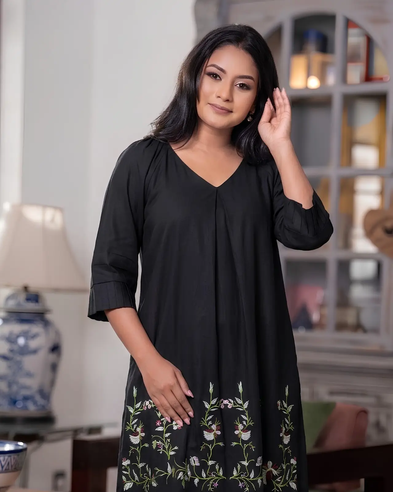 Embroidered Short Shift Dress with Raglan Puff Sleeves - Image 3