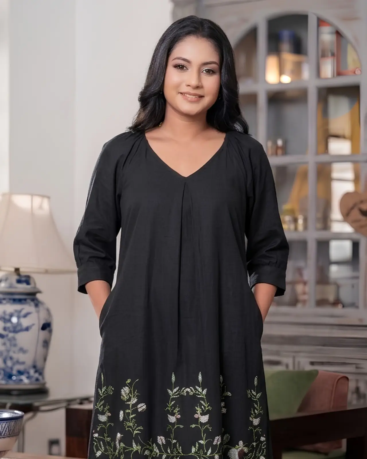 Embroidered Short Shift Dress with Raglan Puff Sleeves - Image 2