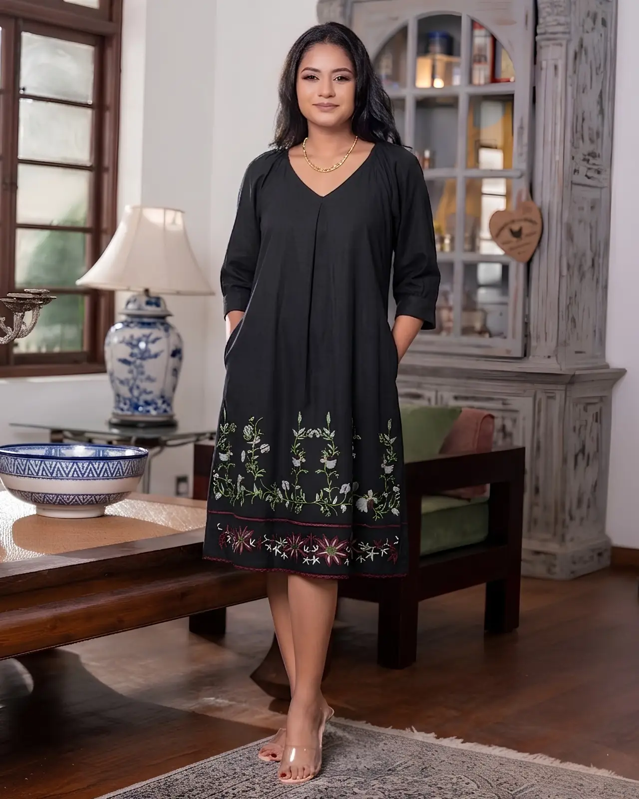 Embroidered Short Shift Dress with Raglan Puff Sleeves - Image 5