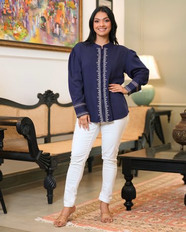 Embroidered Button-Front Tunic Blouse
