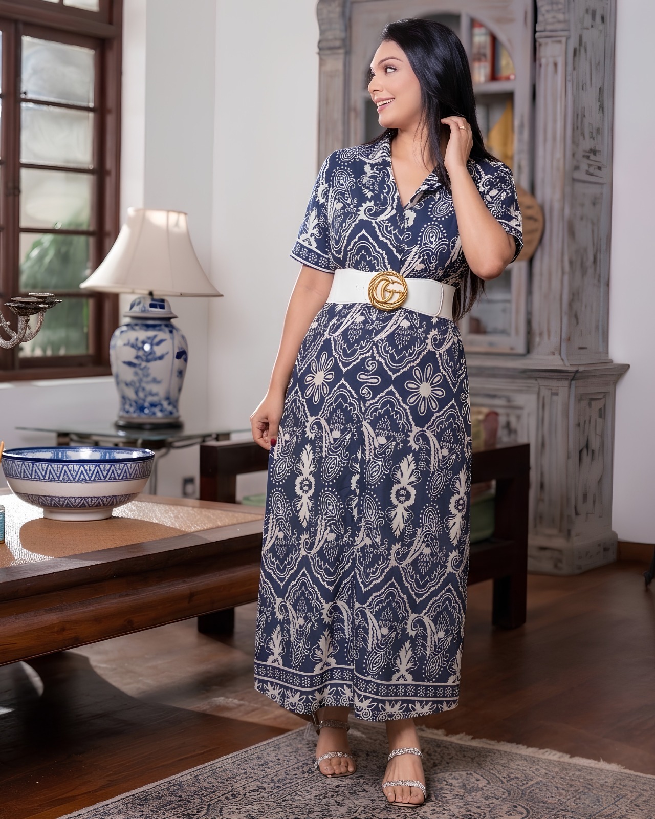 Mandala Motif Printed Lapel Collar Maxi Dress - Image 2