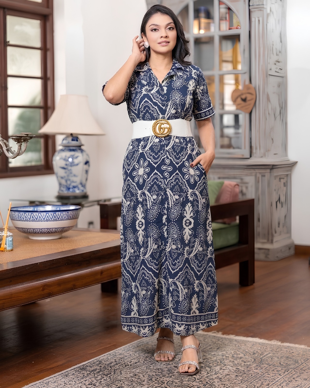 Mandala Motif Printed Lapel Collar Maxi Dress