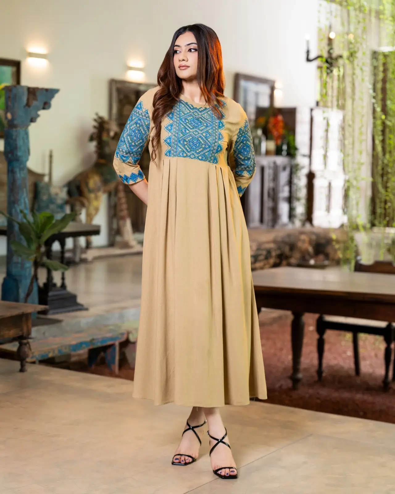 Embroidered Yoke Midi Dress with Front Pleat Detail - Image 2