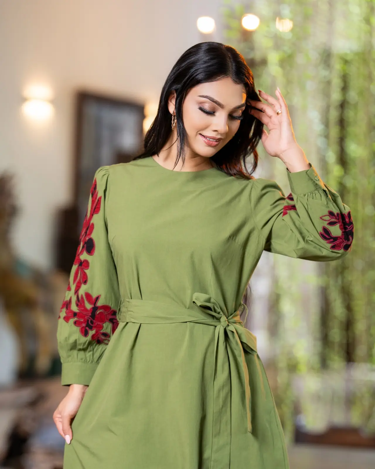 The Crimson Bloom Olive Appliqe Detailed Midi Dress - Image 6