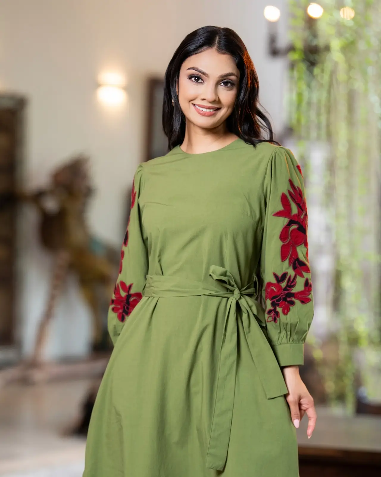 The Crimson Bloom Olive Appliqe Detailed Midi Dress - Image 4