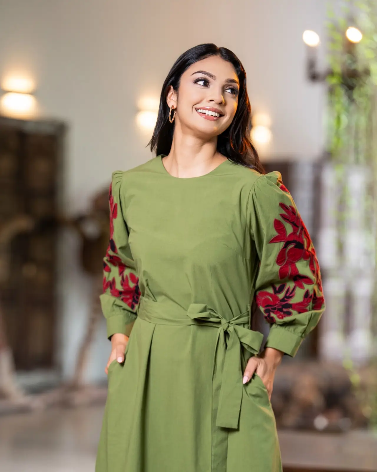 The Crimson Bloom Olive Appliqe Detailed Midi Dress - Image 5