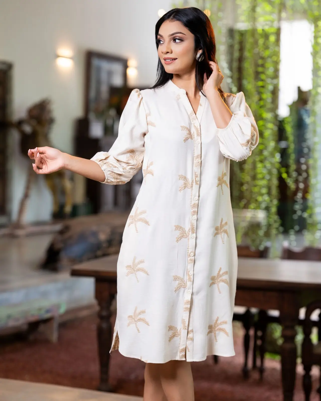 Palm Tree Embroidered Full-Placket Short Shirt Dress - Image 3