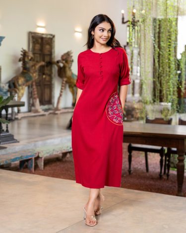 The Circular placement Embroidered Loop-Placket Midi Dress