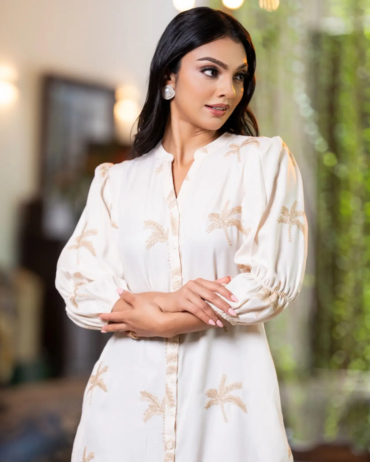 Palm Tree Embroidered Full-Placket Short Shirt Dress - Image 4
