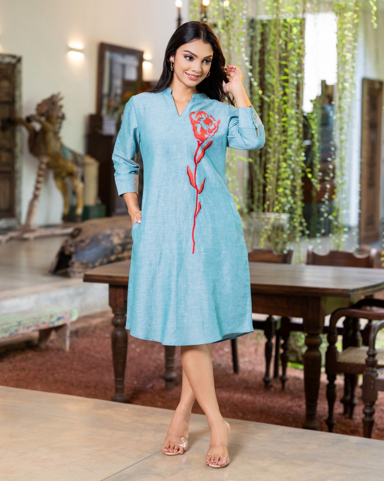 Split-Neck Short Shift Dress with Rose Embroidery - Image 3