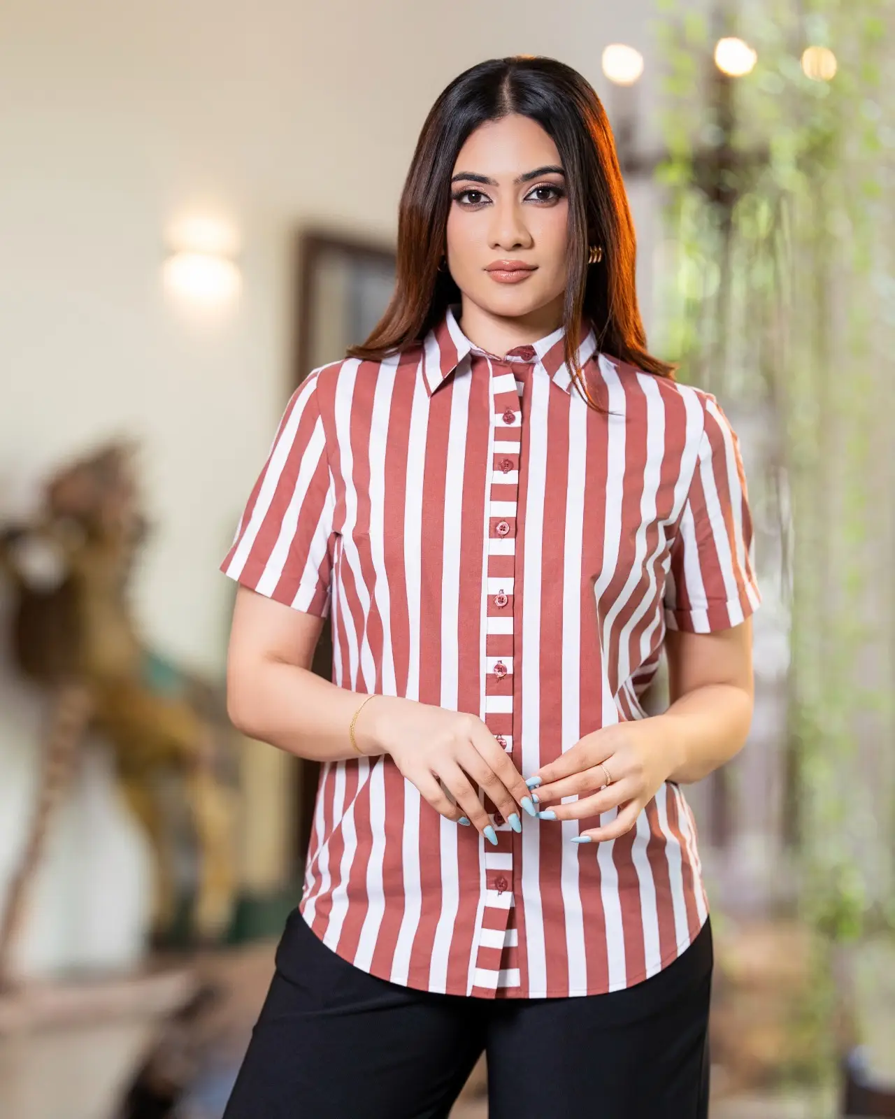 Short Sleeve Button-Front Stripe Blouse - Image 5