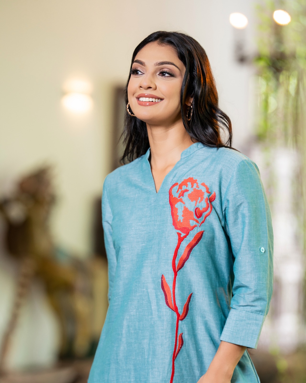 Split-Neck Short Shift Dress with Rose Embroidery - Image 4