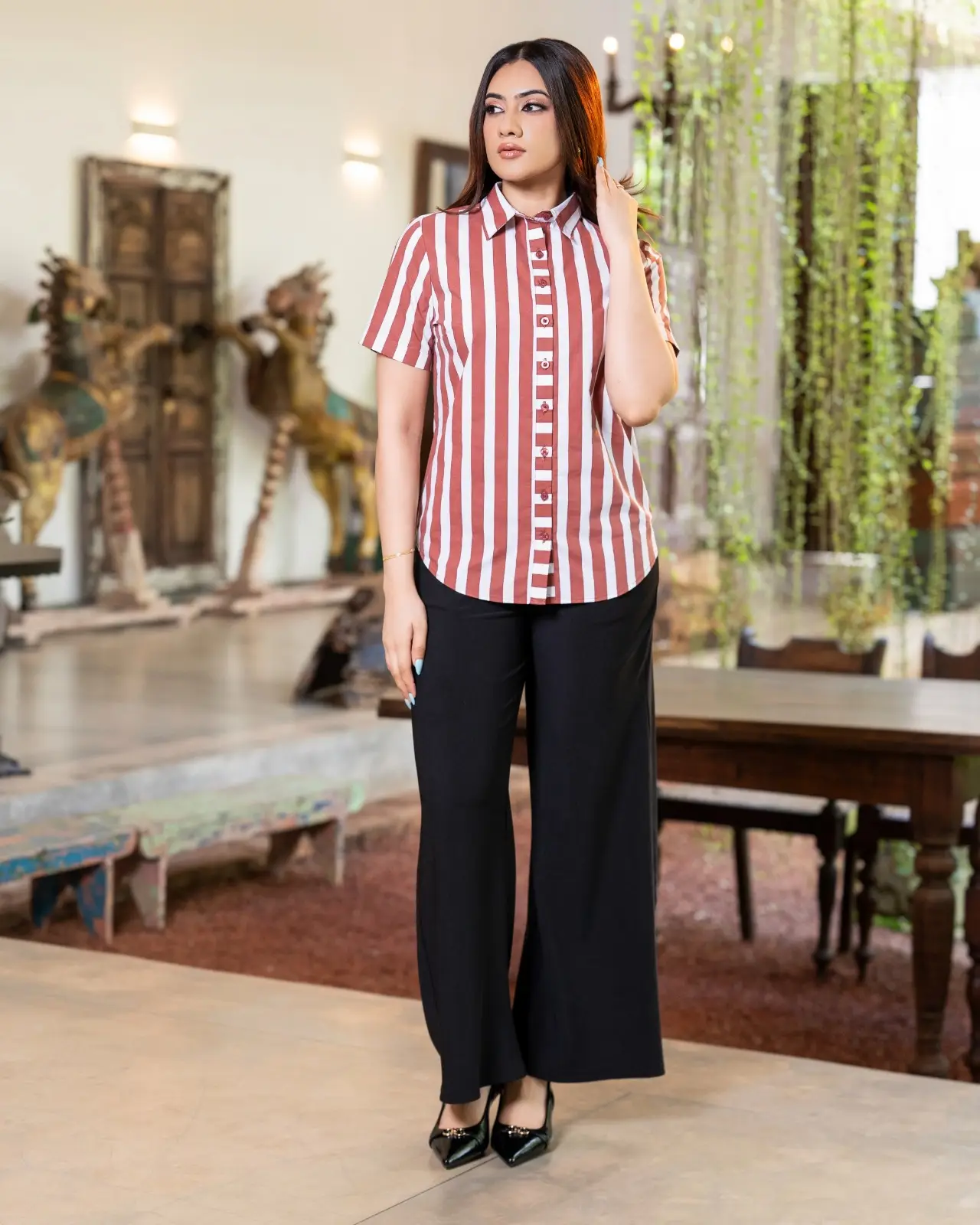 Short Sleeve Button-Front Stripe Blouse - Image 2